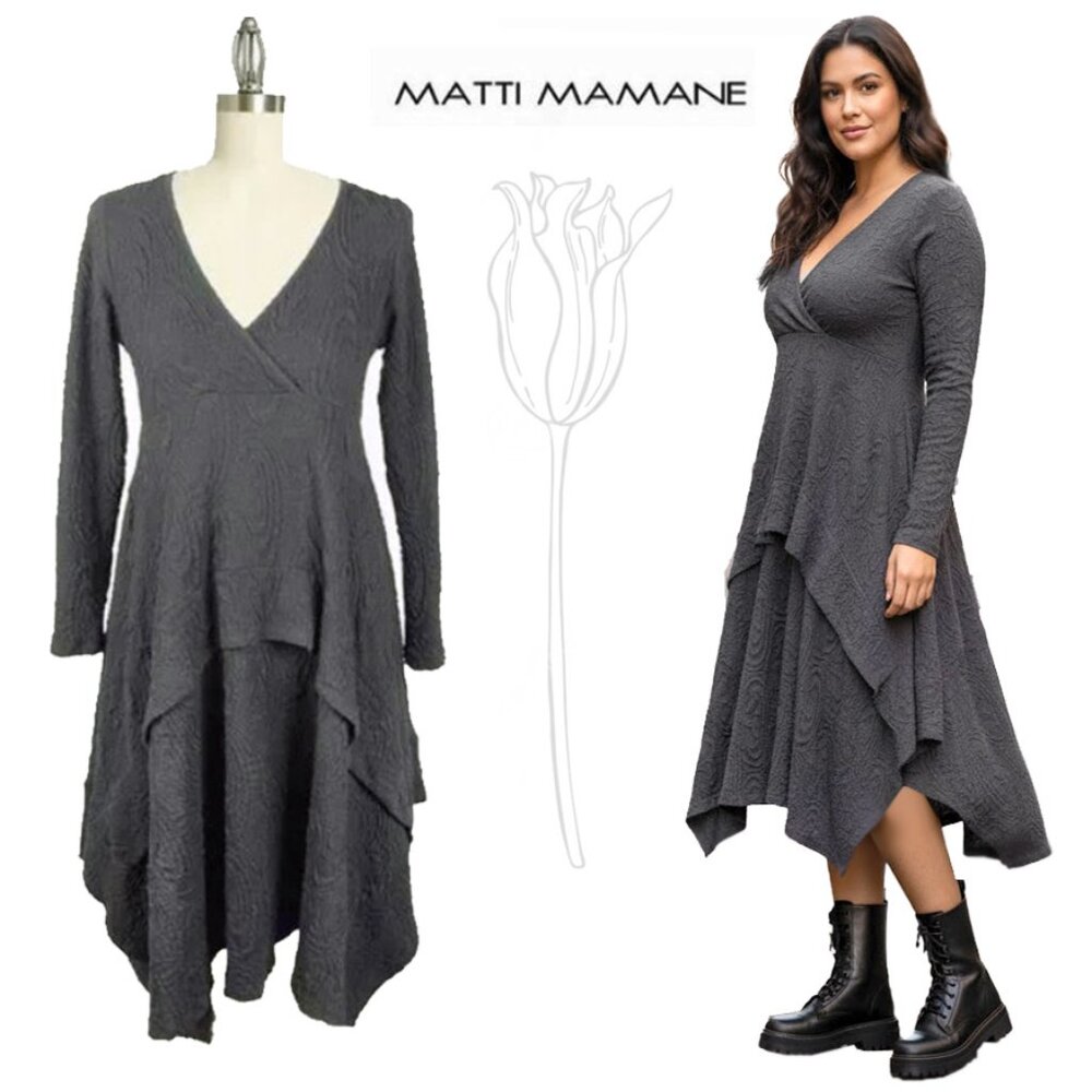 Matti Mamane Black V Neck Tier Asymmetrical Long Sleeve Dress